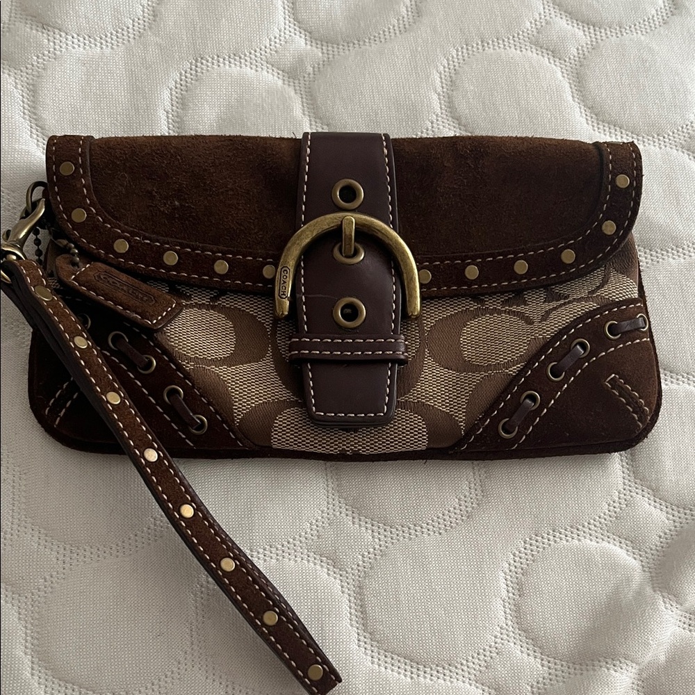Coach Brown and Tan Clutch with Gold Buckle